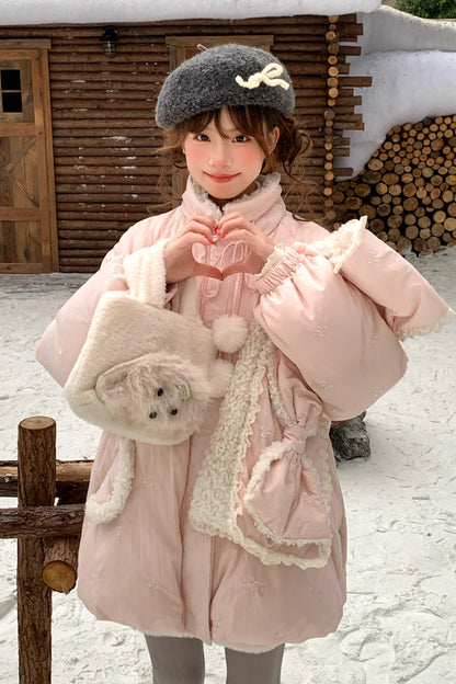Pink Duck Down Stand Collar Long Sleeves Bowknot Sweet Lolita Coat