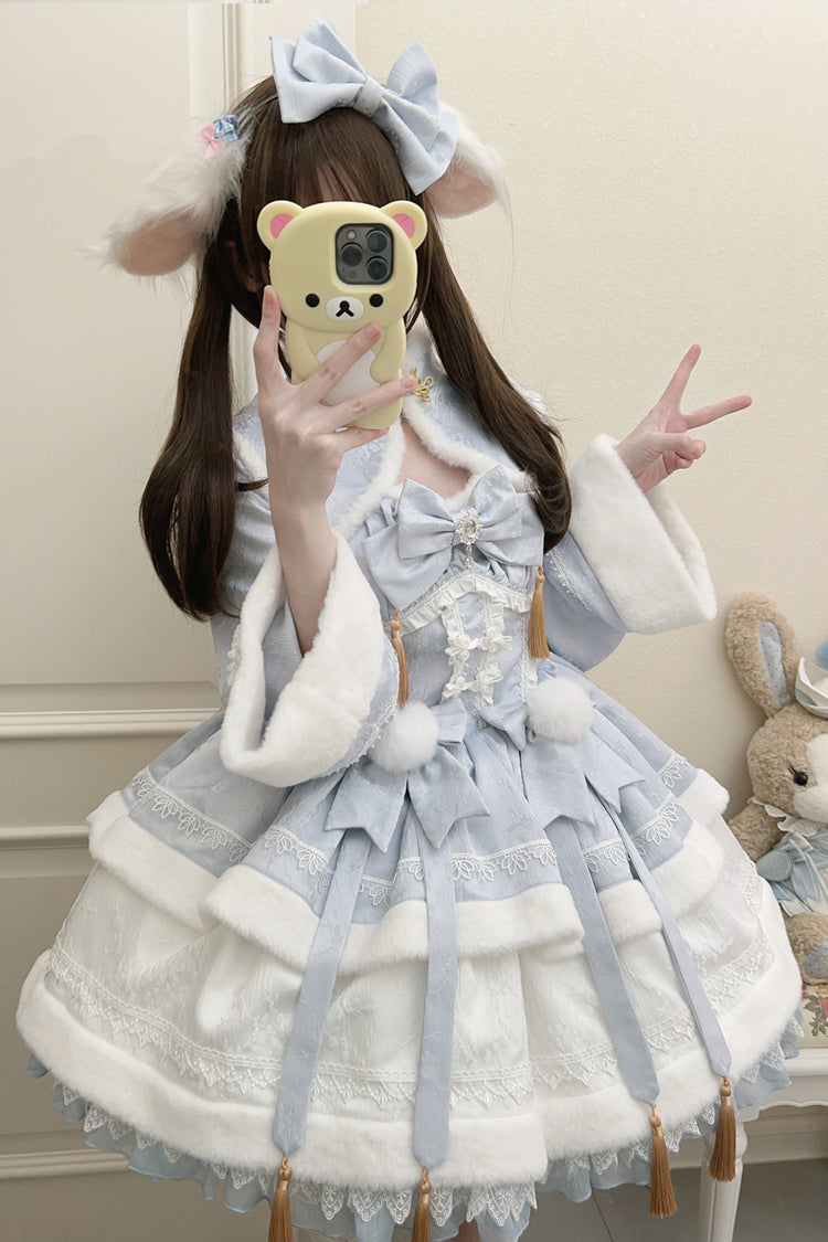 Blue [Snow Rabbit] Long Sleeves Ruffle Bowknot Fake Two Pieces Sweet Lolita Dress