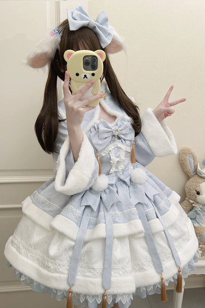 Blue [Snow Rabbit] Long Sleeves Ruffle Bowknot Fake Two Pieces Sweet Lolita Dress