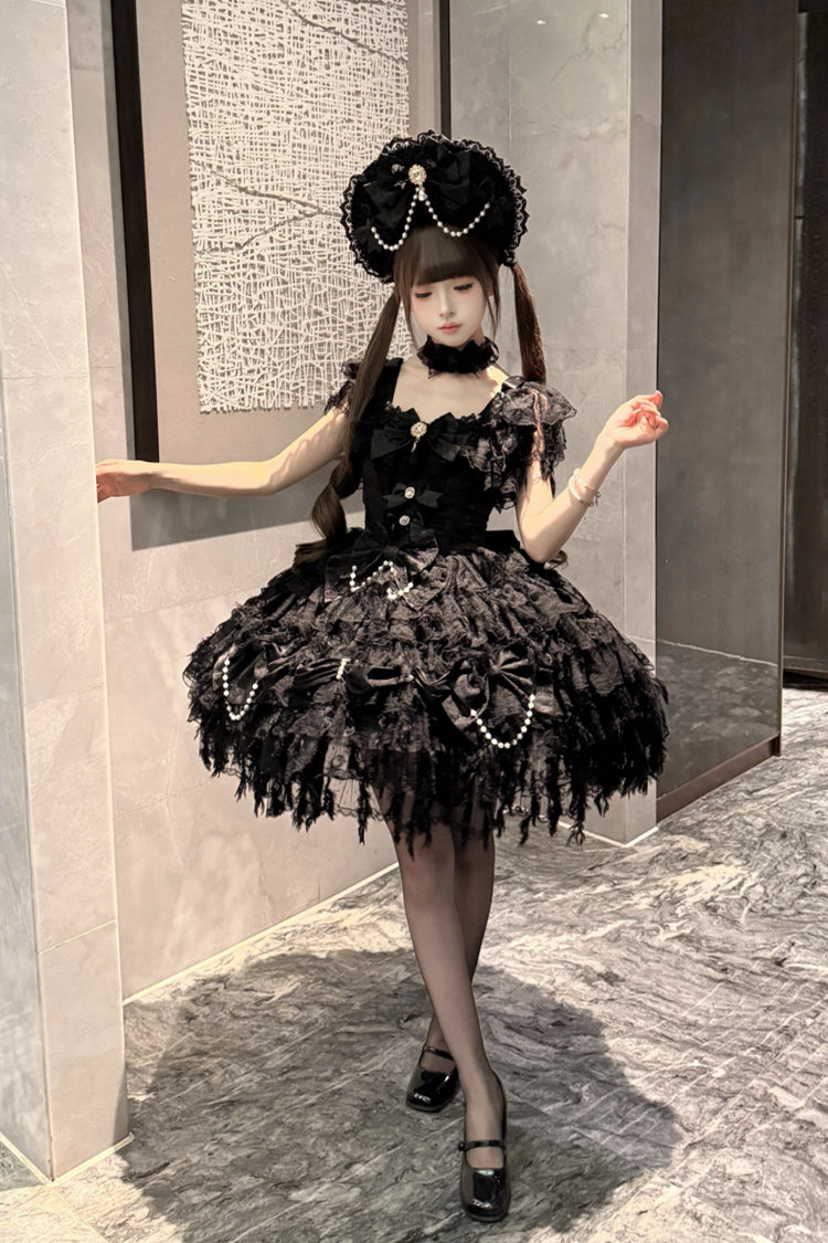 Black [Cloudborne Snowfeather] Sleeveless Multi-Layered Hanayome Bowknot Pearl Gothic Lolita Jsk Dress