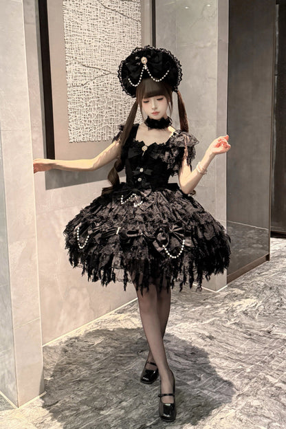 Black [Cloudborne Snowfeather] Sleeveless Multi-Layered Hanayome Bowknot Pearl Gothic Lolita Jsk Dress