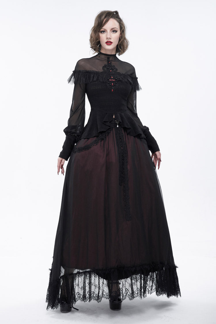 Black Retro Perspective Sexy Turtleneck Lace Panel Mesh Lantern Sleeve Women's Gothic T-Shirt