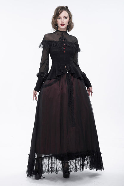 Black Retro Perspective Sexy Turtleneck Lace Panel Mesh Lantern Sleeve Women's Gothic T-Shirt