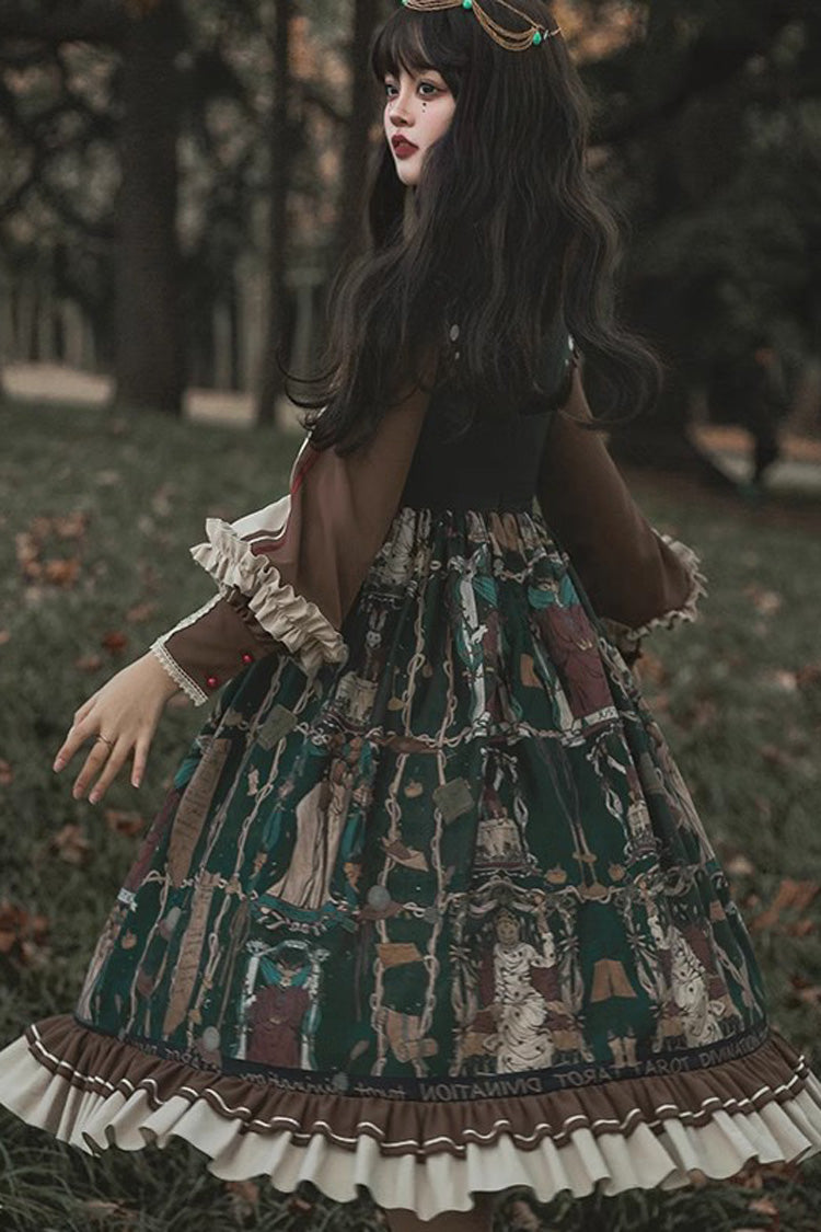 Dark Green [Tarot] Print Long Puff Sleeves Ruffle Bowknot Ripped Sweet Elegant Lolita Dress