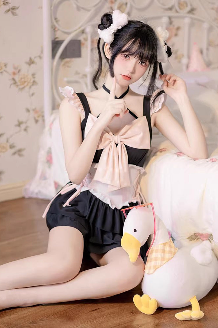 Black/Pink Summer Sweetheart Triple-Layered Ruffled Bow Sweet Lolita Bubble Swimsuit