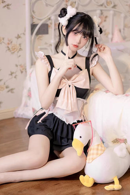 Black/Pink Summer Sweetheart Triple-Layered Ruffled Bow Sweet Lolita Bubble Swimsuit