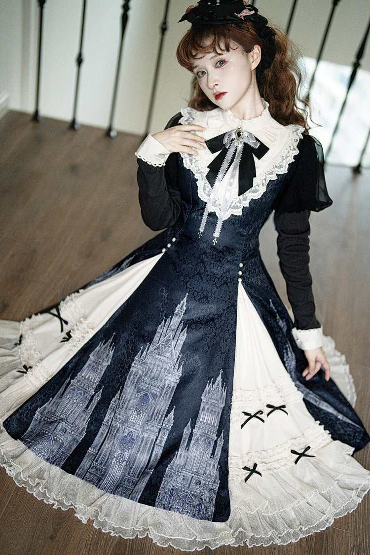 Black/White Church Bells Print Ruffle Cardigan Bowknot Gothic Elegant Lolita Dress