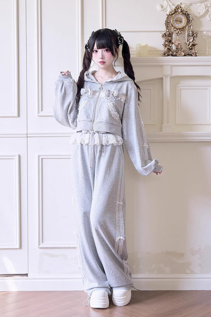 Sweet Long Sleeves Bowknot Lace Hooded Jirai Kei Hoodie Pants Set 3 Colors