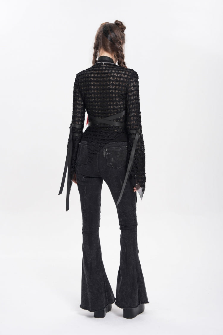Black Stand Collar Long Sleeves Mesh Buckle Straps Women's Punk Blouse