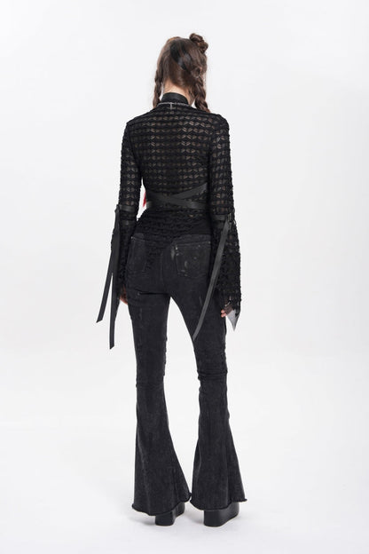 Black Stand Collar Long Sleeves Mesh Buckle Straps Women's Punk Blouse