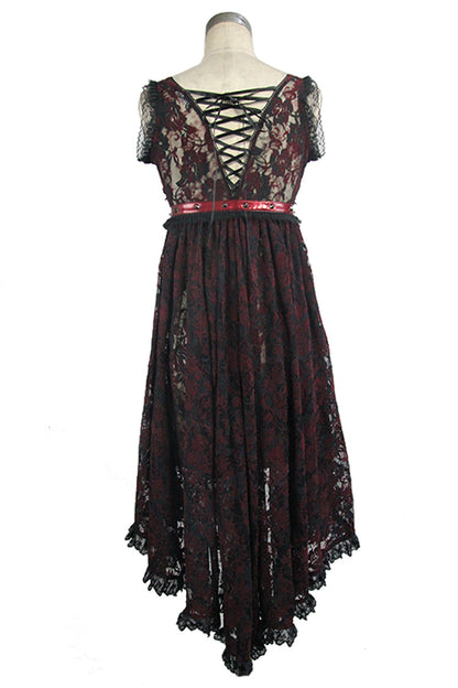 Red Waist Knot Back Lace-Up Frill Hem Sleeveless Rose Lace Mesh Women's Gothic T-Shirt