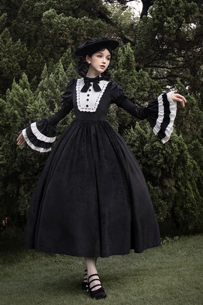 Black [Sleepless Night] Long Hime Sleeves Ruffle Bowknot Gothic Lolita Dress
