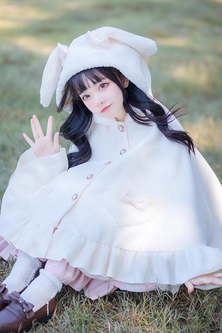 White Plush Bunny Ears Bowknot Buttons Princess Sweet Lolita Cloak Coat