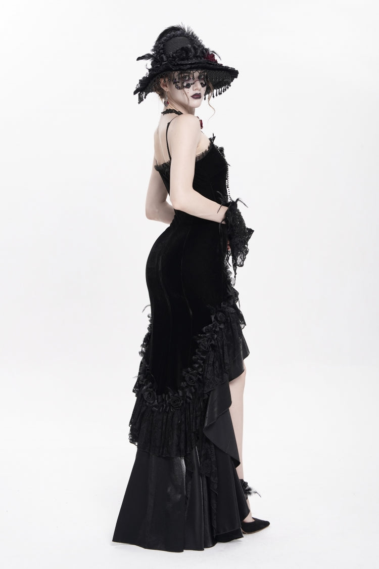 Black Sleeveless Cross Ruffled Floral Embroidered Chain-Decorated Women's Gothic Long Slip Dress