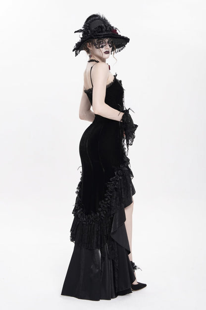 Black Sleeveless Cross Ruffled Floral Embroidered Chain-Decorated Women's Gothic Long Slip Dress