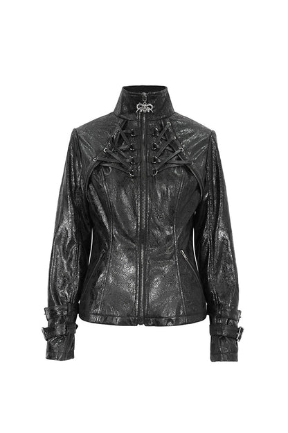 Black Stand Collar Crackled Buckle Women's Punk Jacket