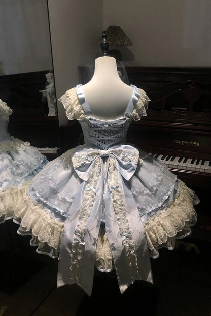 Blue [Dreaming Butterfly] Multi-Layered Jacquard Ruffle Bowknot Lace Sweet Princess Lolita Jsk Dress