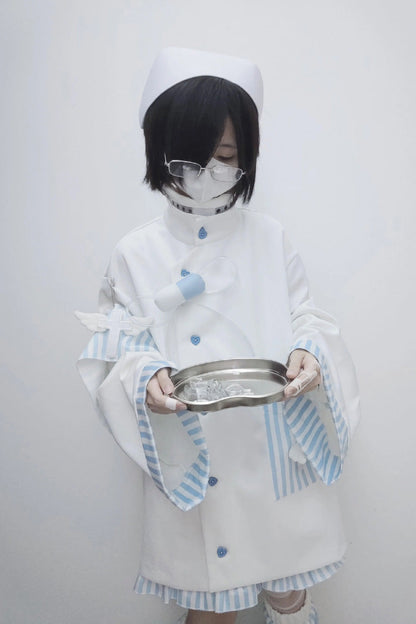 White/Blue Medical Angel Long Sleeves Print Loose Sweet Jirai Kei Japanese Set
