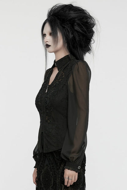Black V Collar Long Puff Sleeves Embroidery Mesh Women's Gothic Blouse
