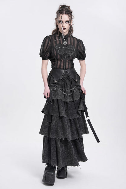 Black Stand Collar Short Puff Sleeves Sheer Mesh Women's Gothic Blouse