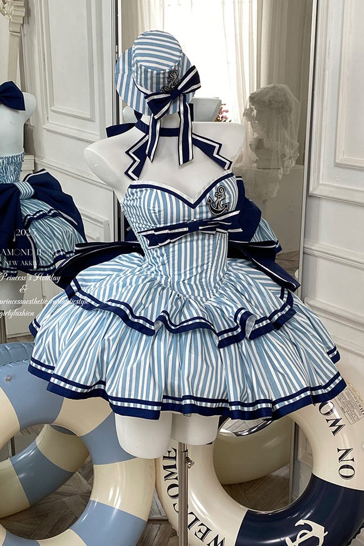 Blue [Sailing Sweetheart] Double-Layered Vertical Stripes Print Ruffle Bowknot Sweet Lolita Dress