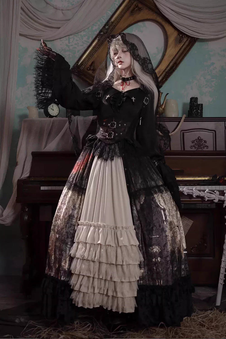 [Heretical Nun] Sleeveless Multi-Layered Printed Ruffled Open-Front Gothic Plus Size Lolita Strap Dress Long Version 2 Colors