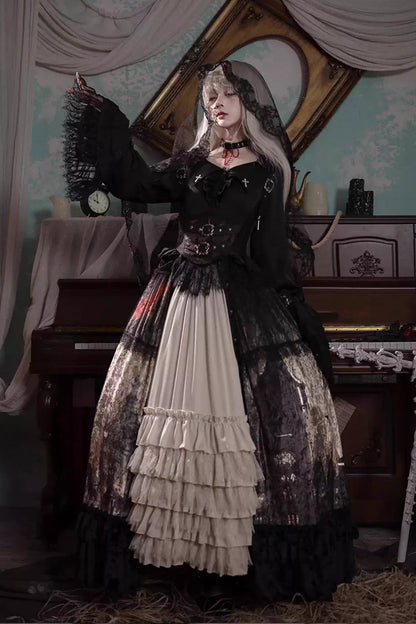 [Heretical Nun] Sleeveless Multi-Layered Printed Ruffled Open-Front Gothic Plus Size Lolita Strap Dress Long Version 2 Colors