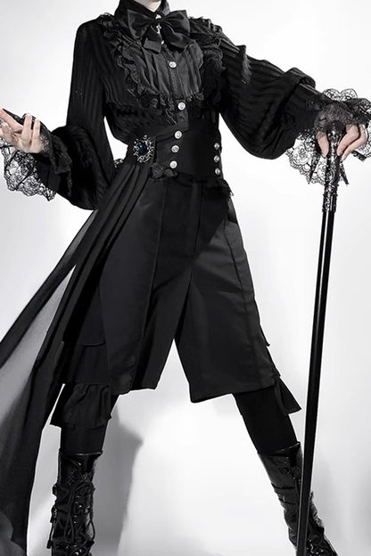 Black [Eternal City] Long Sleeves Lace Gothic Prince Medieval Ouji Lolita Blouse Knee-Length Shorts Set
