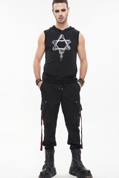 Black Punk Multi Pocket Webbing Decorative Drawstring Men's Long Pants