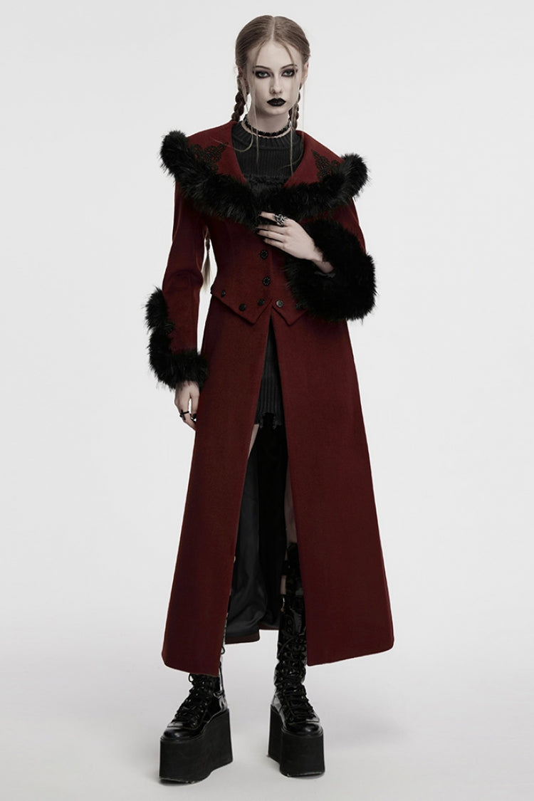 Red Long Sleeves Faux Fur Stitching Lace-Up Detachable Women's Gothic Coat
