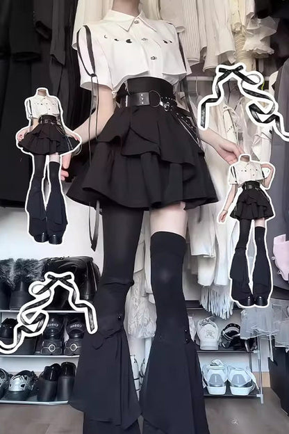 Black/White Short Sleeves Ruffle Asymmetric Gothic Jirai Kei Skirt Blouse Set