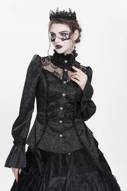Black Stand Collar Long Sleeves Jacquard Hollow Lace Women's Gothic Blouse