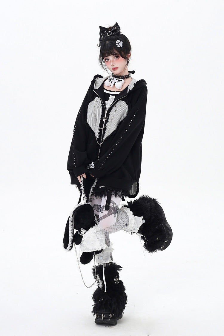 [Striped Bunny Ears] Long Sleeves Heart Print Embroidery Hooded Zipper Sweet Jirai Kei Cool Lolita Coat 2 Colors