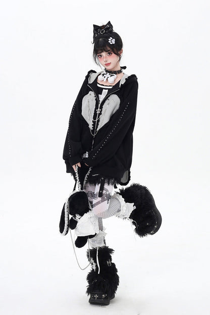 [Striped Bunny Ears] Long Sleeves Heart Print Embroidery Hooded Zipper Sweet Jirai Kei Cool Lolita Coat 2 Colors