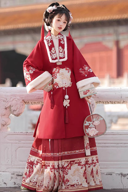 Red Classic Chinese Style V Collar Embroidery Long Sleeves Womens Hanfu Three Piece