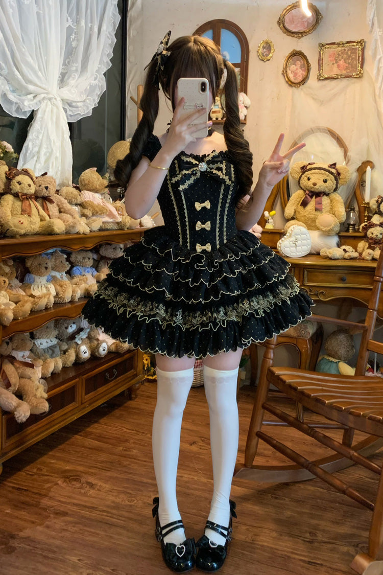 Black Sleeveless Multi-Layered Polka Dots Printed Ruffled Bow Sweet Princess Lolita Jsk Dress