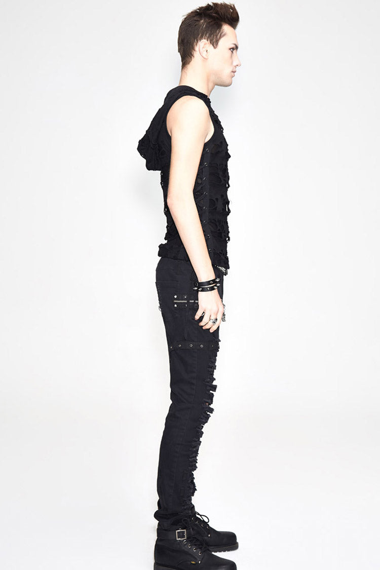 Black Sleeveless Ripped Side Ribbons Lace-Up Hooded Men's Punk T-Shirt
