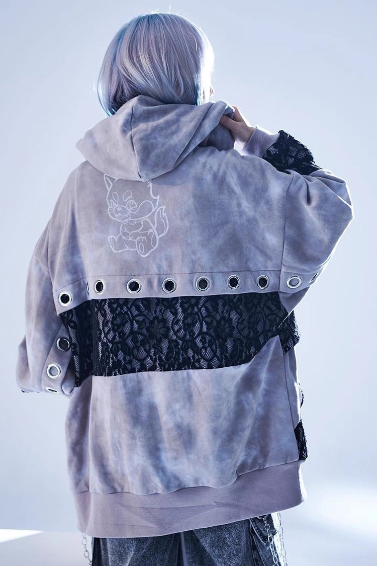 Color Blocking Long Sleeves Print Hooded Tie-dyed Zipper Jirai Kei Japanese Coat