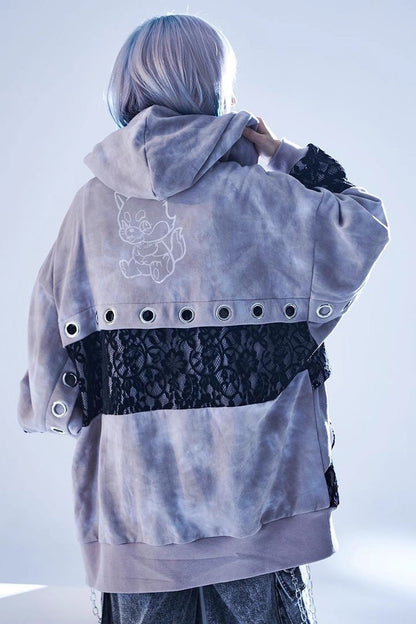 Color Blocking Long Sleeves Print Hooded Tie-dyed Zipper Jirai Kei Japanese Coat
