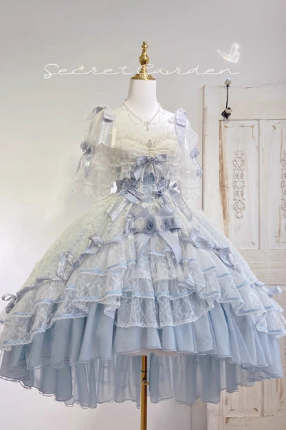 Blue [Diane Rose] Short Sleeves Multi-Layered Jacquard Ruffle Hanayome Cardigan Bowknot Lace Sweet Lolita Dress