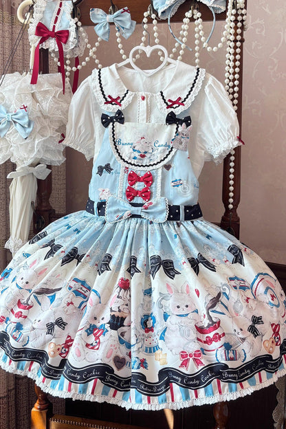 Blue [Mystery Rabbit Tea Party] Sleeveless Print Bowknot Lace Sweet Lolita Strap Dress