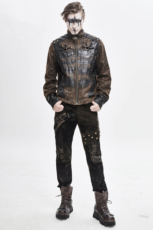 Brown Metallic Spiked Ragged Punk Slim Mens Pants
