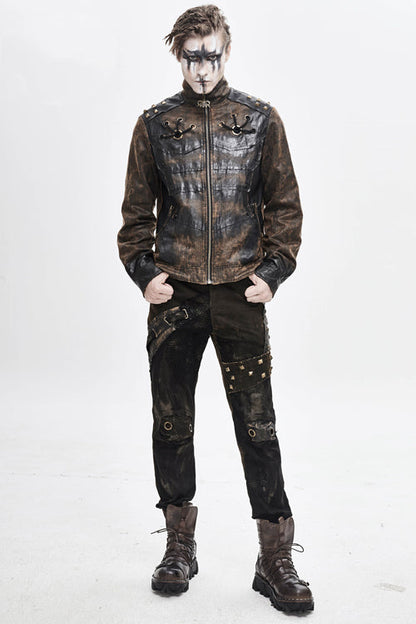 Brown Metallic Spiked Ragged Punk Slim Mens Pants