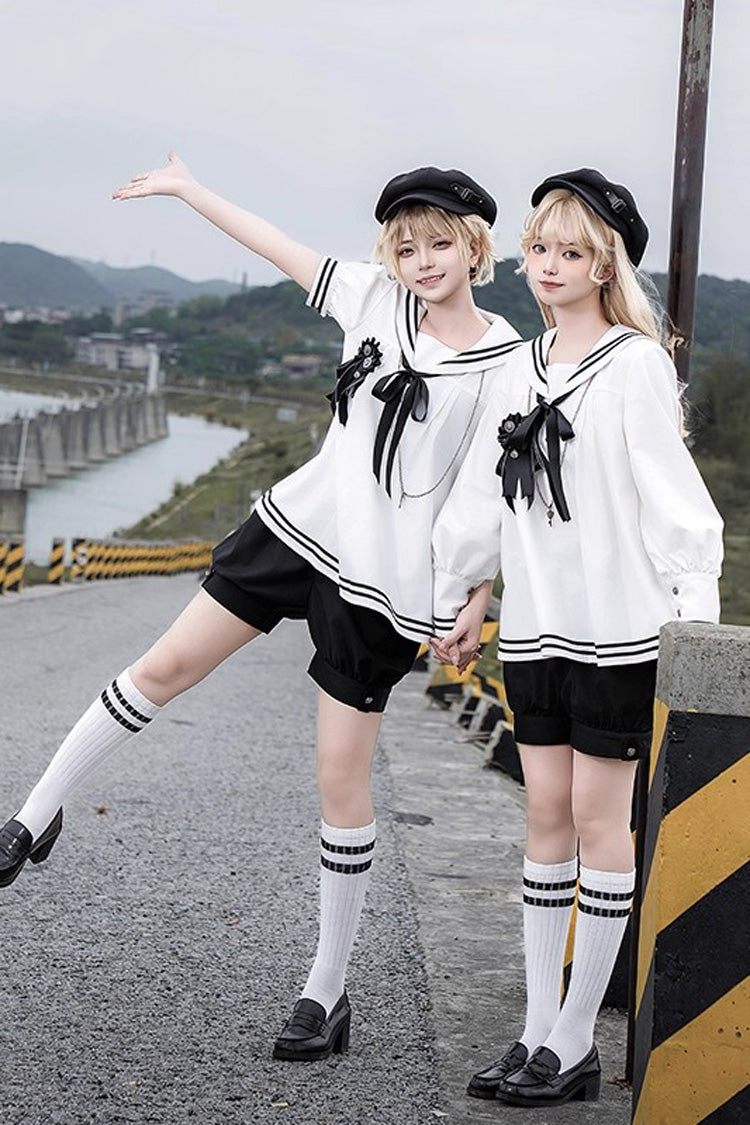 Black/White [Old Stories] Navy Collar Short Sleeves Bowknot Ouji Gothic Lolita Blouse Shorts Set