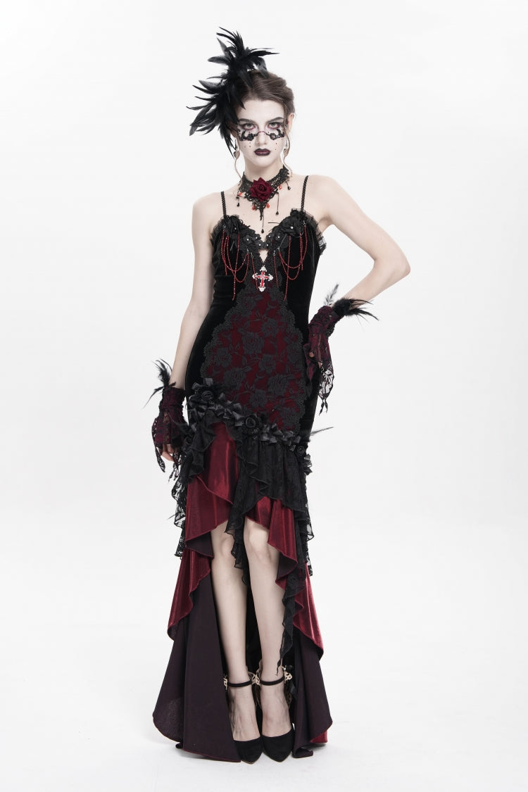 Black/Red Sleeveless Cross Ruffled Floral Embroidered Chain-Decorated Women's Gothic Long Slip Dress