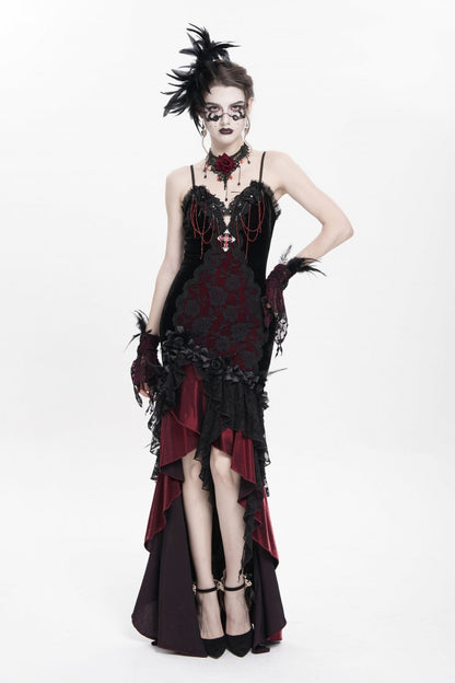 Black/Red Sleeveless Cross Ruffled Floral Embroidered Chain-Decorated Women's Gothic Long Slip Dress