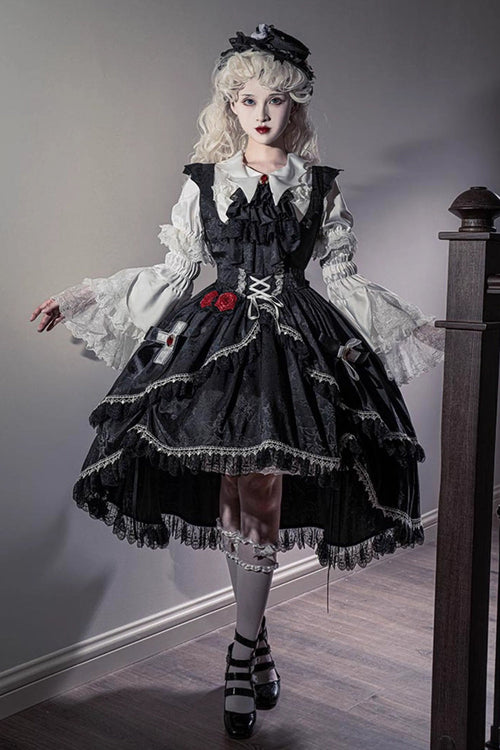 Black [Night Rose] Ruffle Bowknot Lace-Up Short Front and Long Back Gothic Gorgeous Lolita Jsk Dress