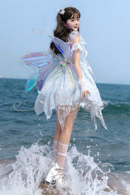 Blue [Summer of Bubbles] Sleeveless Ruffle Embroidery Lace Irregular Short Sweet Lolita Jsk Dress