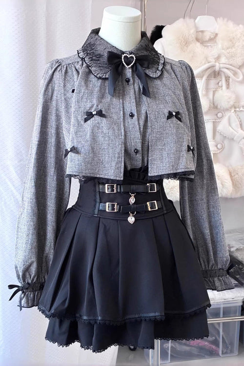 Black/Grey Long Sleeves Ruffled Belt Buckle Japanese Jirai Kei Set