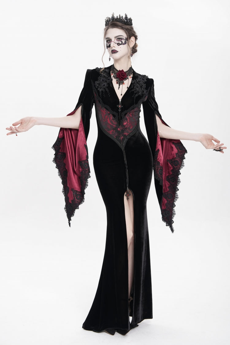 Black/Red V Collar Long Trumpet Sleeves Floral Embroidered Velvet Women's Gothic Dress